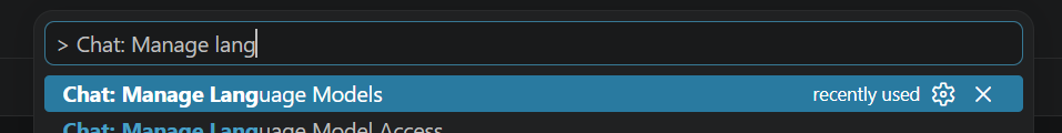 The VS Code command palette with the "Chat: Manage Language Models" command