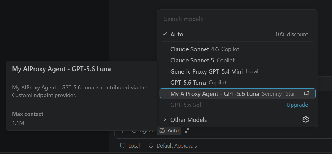 The VS Code Chat model picker with the Serenity* Star AIProxy agent selected