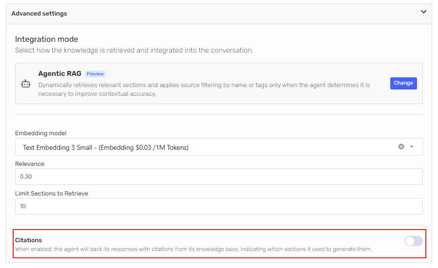 Citations toggle enabled in the Knowledge Advanced Settings panel