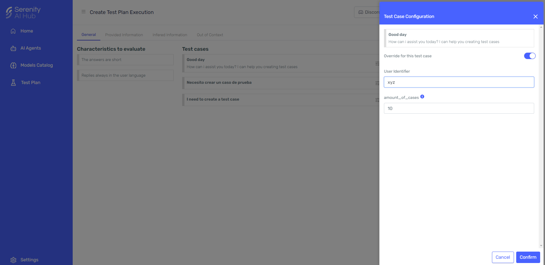 Configuring custom parameters for test case execution