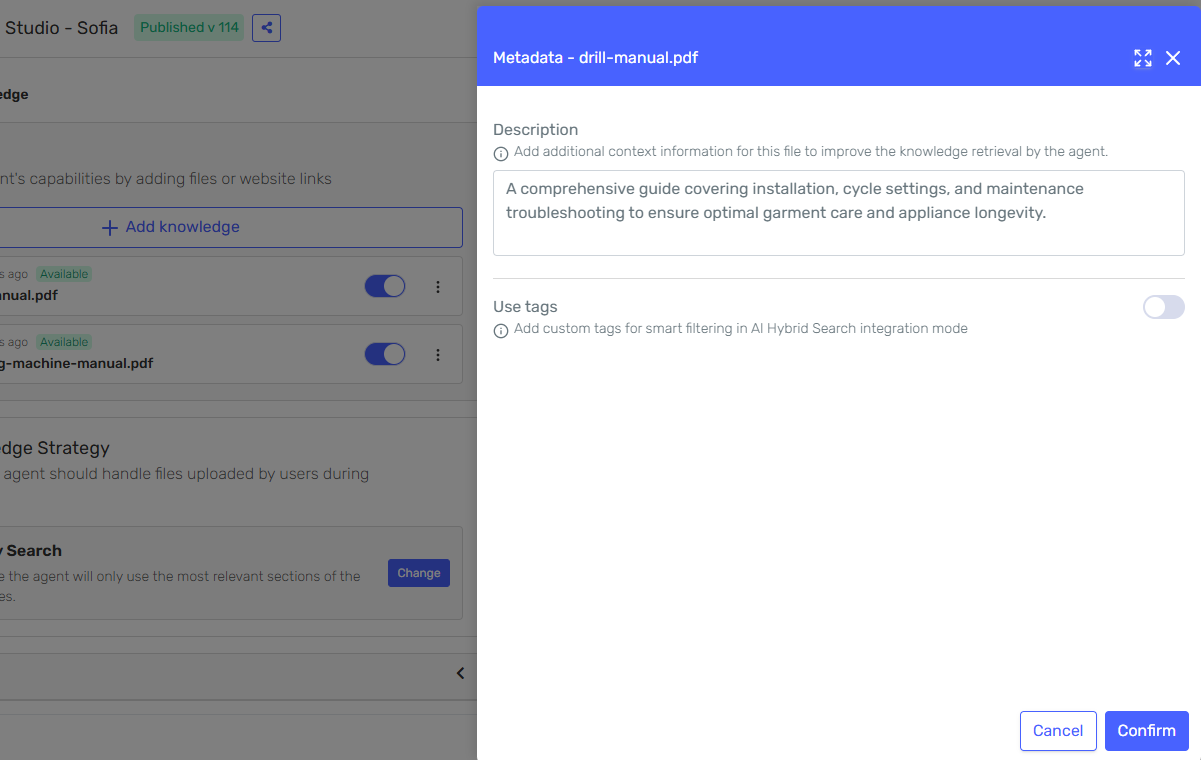 Metadata panel showing the Description text area and the Use tags toggle